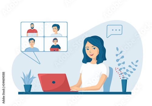 Happy young man talking to colleagues using a video call. Concept of online conference from home. Remote work, webinar or distance learning during quarantine. Flat vector illustration in cartoon style