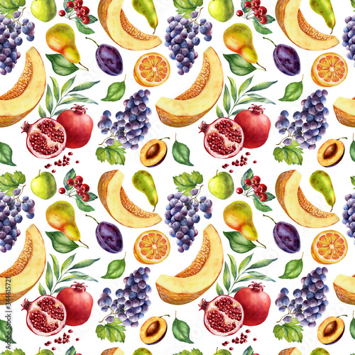 Watercolor seamless pattern with fruits  pomegranate  apple  melon  grape pear  cherry plum on white background. Watercolor hand-painted clipart.
