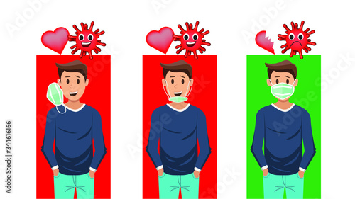 How to wear the correct facemasks and the wrong , Shows how to wear a face mask correctly. In order to prevent the spread of the coronavirus and Covid-19 disease. vector illustration.