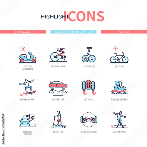 Modern and future vehicles - line design style icons set