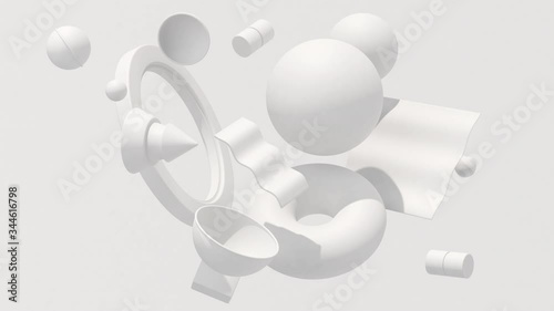 White geometric shapes, hard light. Abstract animation, 3d render.