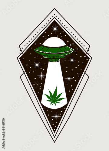 spaceship takes cannabis leaf, UFO tattoo