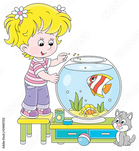Friendly smiling cheerful small girl with her cute grey kitten feeding a funny striped aquarium butterfly fish in a nursery room at home, vector cartoon illustration on a white background