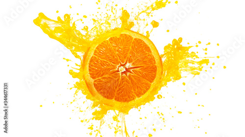 Freeze motion of sliced orange with splashing juice isolated on white background