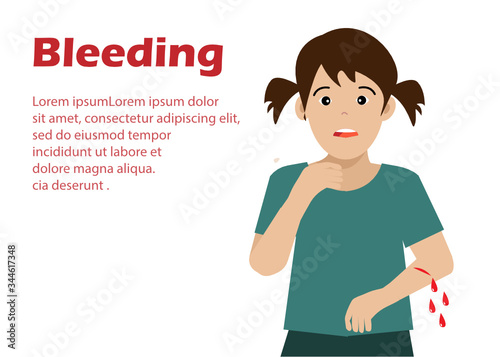 Little kid girl suffering from bleeding blood at her arm. Isolated on white background. Idea for accident and kid medical healthcare concept. Free copy space. Vector Illustration.
