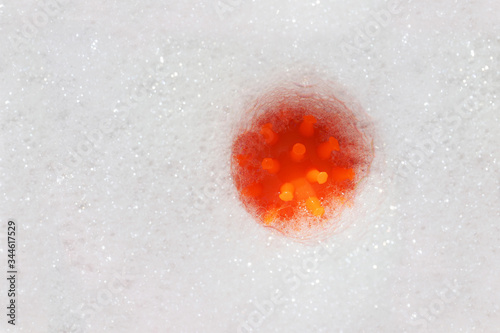 Coronavirus model disappears when immersed in soap suds. Disinfection concept, germs, virus picture, covid-19. Work of antiseptic, anti-virus sanitizer