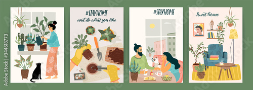 Stay at home. People stay in cozy house. Vector illustrations