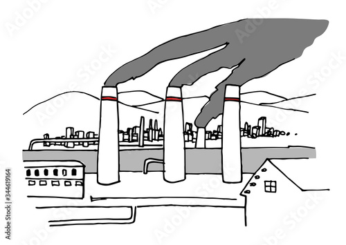 Factory chimneys emitting smoke. Factory contamination. Air, environmental damage, smog. Cartoon hand drawn style vector illustration.