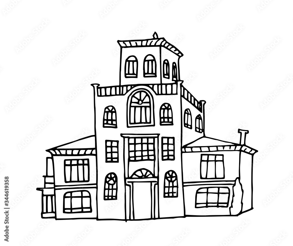 Old mansion, big house, luxurious palace. Old architecture. Black and white hand drawn style vector illustration. Indiana architecture, Asturias, Spain.