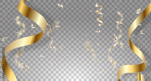 Celebration background template with confetti and gold ribbons.