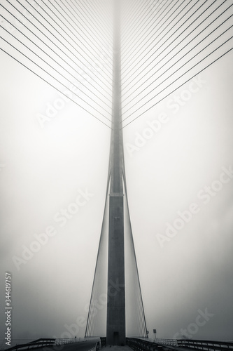 Puente atirantado de Talavera de la reina  en una mañana de niebla y frio, las fotos recrean un efecto poco habitual y dificil de conseguir en blanco y negro quedan muy bien. photo