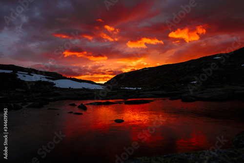 Mountain lake, Norwegian landscape at sunset