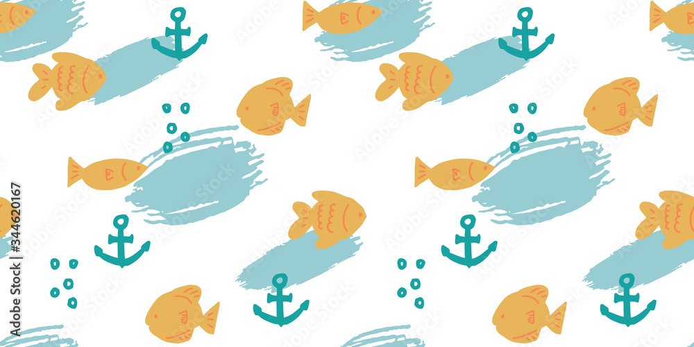 Vector seamless pattern with hand drawn summer elements, fish nautical designs, anchor fish ocean bubble sea vacation tropical Vector seamless pattern with hand drawn summer elements, fish nautical designs, anchor fish ocean bubble sea vacation tropical
