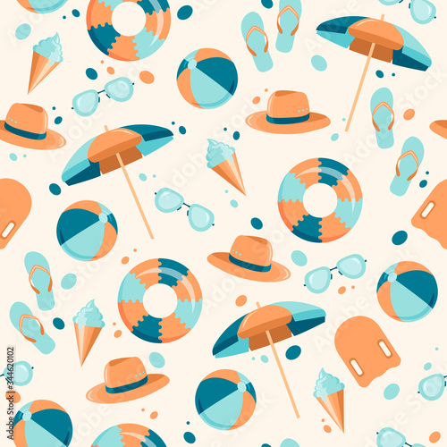 Seamless summer vector pattern. Beautiful background with beach accessories and a bouncy ball and a circle.