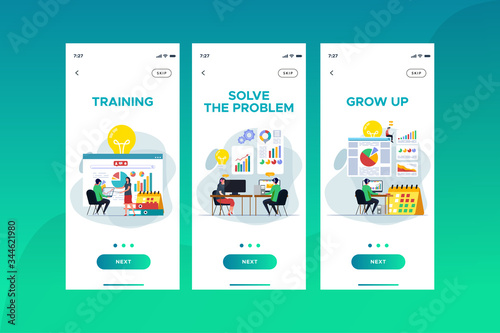 Business steps onboarding screen. Mobile app illustration kits.  Set of application welcome screen interface. Business worker flat illustration. Vector