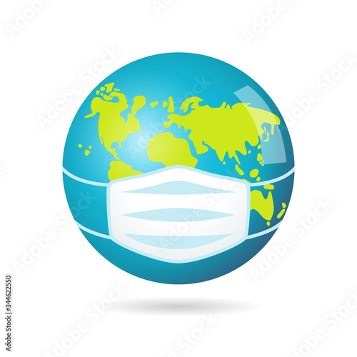 Earth planet with face medical mask. Creative pandemic sign. Logo concept.  Save the world from pandemia 3D icon. Infection of COVID 19, white background. Isolated abstract graphic design template.