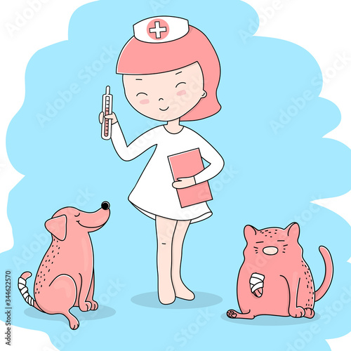 ute little girl in a doctors suit is playing doctor. She treats her dog and cat.
