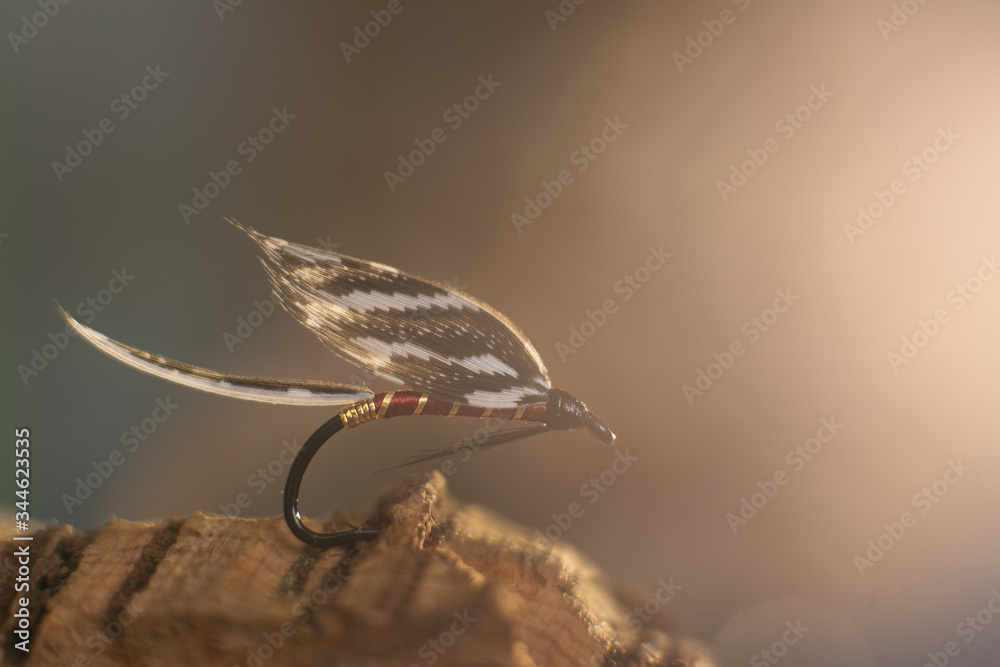 Traditionally classic wet fly shot against a wood background