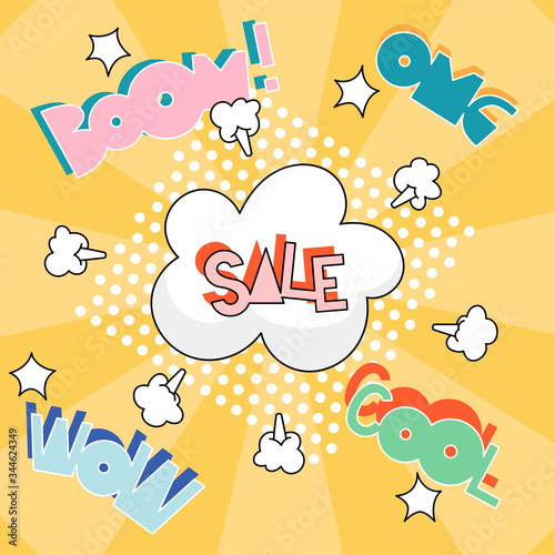 Pop art yellow sale poster. A modern illustration of sale sign and text bubbles around. Vibrant color card design.