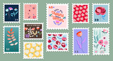 Set of beautiful hand-drawn post stamps. Variety of modern vector isolated post stamp designs. Floral post stamps. Mail and post office conceptual drawing.