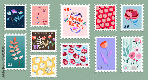 Set of beautiful hand-drawn post stamps. Variety of modern vector isolated post stamp designs. Floral post stamps. Mail and post office conceptual drawing. photo