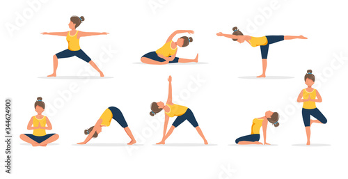 Woman practicing yoga, set of different poses. Healthy lifestyle. Vector illustration in flat style