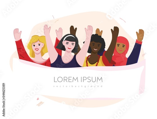 Obraz na plátně Group of happy girls of different nationalities with their hands up