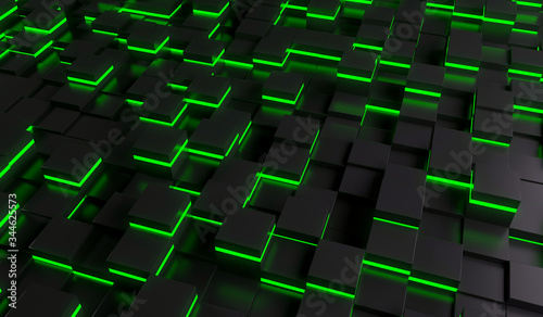 abstract image of cubes background in green light. 3D rendering illustration © valentyn640