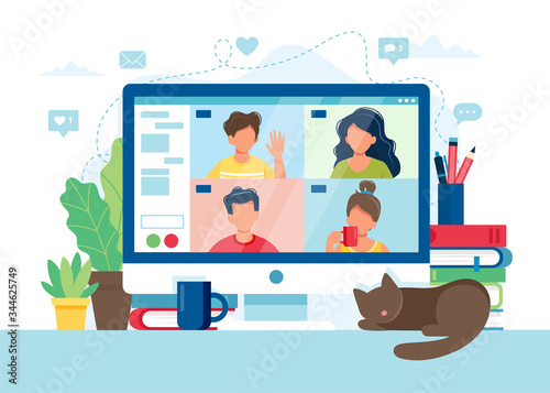 Computer with group of people doing video conference. Online meeting via group call. Vector illustration in flat style