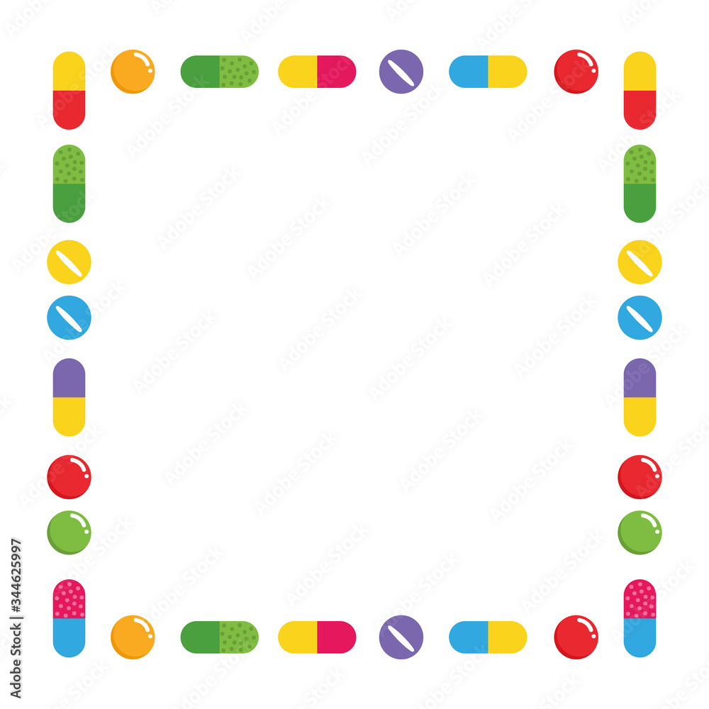 Colorful pills, medications, vitamins vector square frame, border, card template, background.