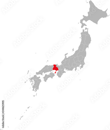 Hyogo province highlighted red on Japan map. Gray background. Business concepts and backgrounds.