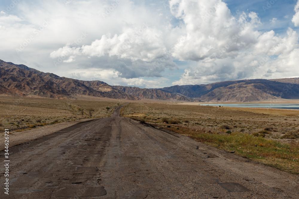 highway along the Orto Tokoy reservoir, Kyrgyzstan