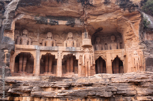 Ancient Jain statues carved out of rock in Gwalior, Madhya Pradesh, India