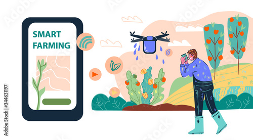 Smart farming agricultural wireless technology with farmer remotely controlling drone - website banner template. Distance internet innovation for farmers production. Cartoon vector illustration.