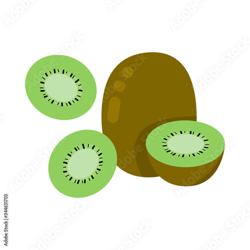 kiwi fruit, whole of kiwi, kiwi slices on a white background