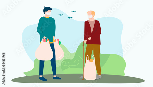 A young guy brings food from a supermarket to his grandfather. Help for the elderly during quarantine. Volunteer work during the COVID-19 epidemic. Vector Illustrator.