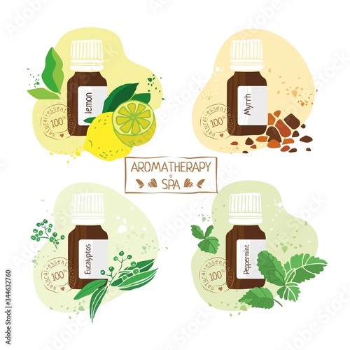 Set with essential oils of lemon, myrrh, eucalyptos and pepermint hand drawn. Aromatherapy and Spa stamp for alternative medicine. Labels on products. Cute cartoon vector illustration