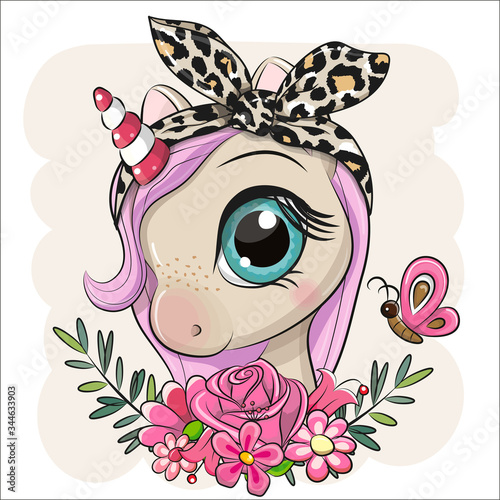 Cartoon Unicorn with flowers on a beige background