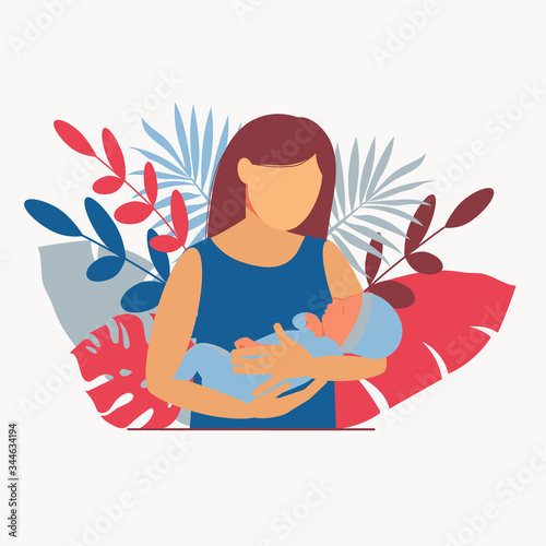 Motherhood. Woman with a baby in her arms. Breastfeeding Infant. Baby boy. Flat isolation isolated on a white background