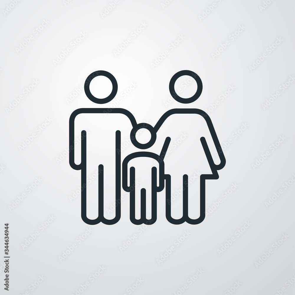 Símbolo familia. Icono plano lineal hombre, mujer y niño en fondo gris Símbolo familia. Icono plano lineal hombre, mujer y niño en fondo gris