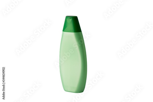 Empty green plastic bottle for household chemicals or personal care.