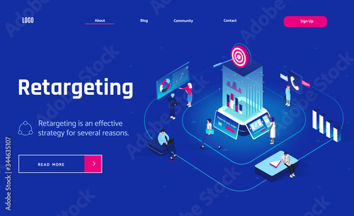 Retargeting or remarketing concept in isometric design. Landing page header or banner. Business methodology that attracts customers by creating valuable content and analysis. Flat vector illustration