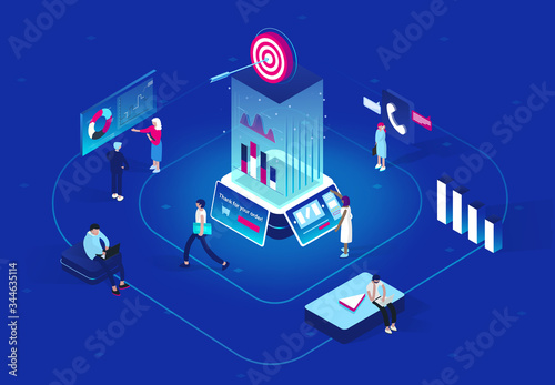Retargeting or remarketing concept in isometric design. Business methodology that attracts customers by creating valuable content and analysis. Flat vector illustration photo