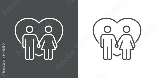 Día de san Valentín. Pareja cogidos de la mano. Icono plano lineal hombre y mujer de la mano con corazón en fondo gris y fondo blanco