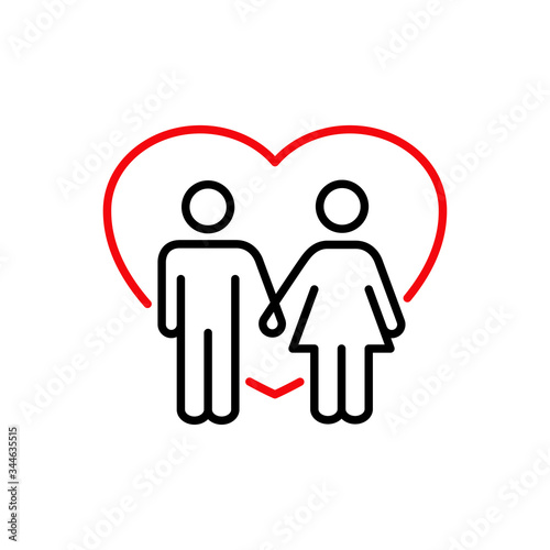 Día de san Valentín. Pareja cogidos de la mano. Icono plano lineal hombre y mujer de la mano con corazón en color rojo y negro