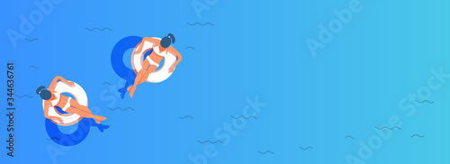 Summer time. Lovely girls in swimsuits swimming with circle in the sea or pool on a blue background with copy space. Vector illustration