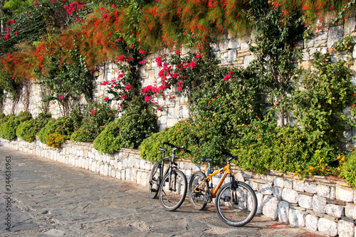 Two bicycles stand against an old stone wall decorated with flowers.