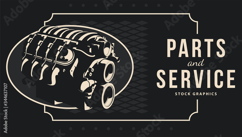 Retro poster with V8 engine. Vector illustration.