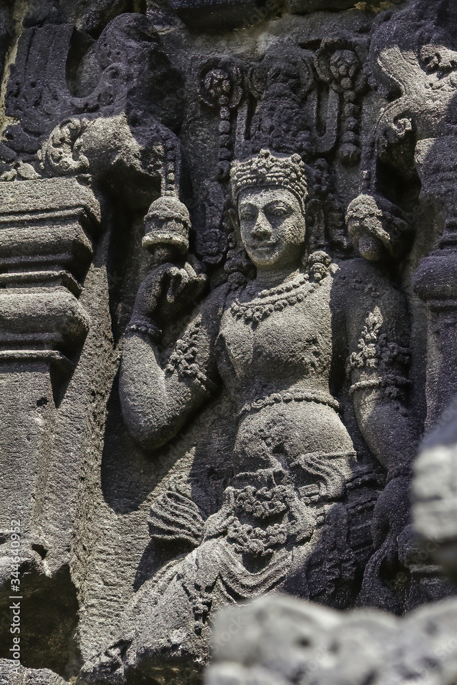 Sculpted lady in pagoda of Prambanan Hindu Temple near Yogyakarta, Java island, Indonesia - 14/02/20