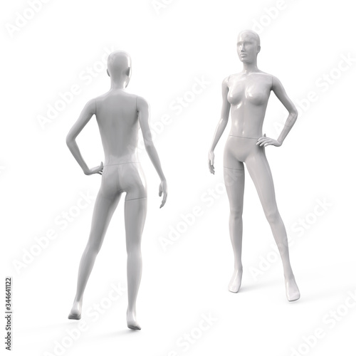 White plastic female mannequin for clothes. Commercial equipment for shop windows. Front and back view. 3d illustration isolated on a white background.